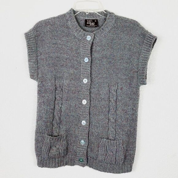 Vintage Blue Grey Knit Short Sleeve Button Up Sweater - Picture 2 of 5